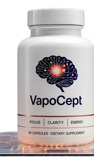 VapoCept as pictured on seller websites: a white bottle labeled 30 capsules with a circuit-board style brain graphic on the label